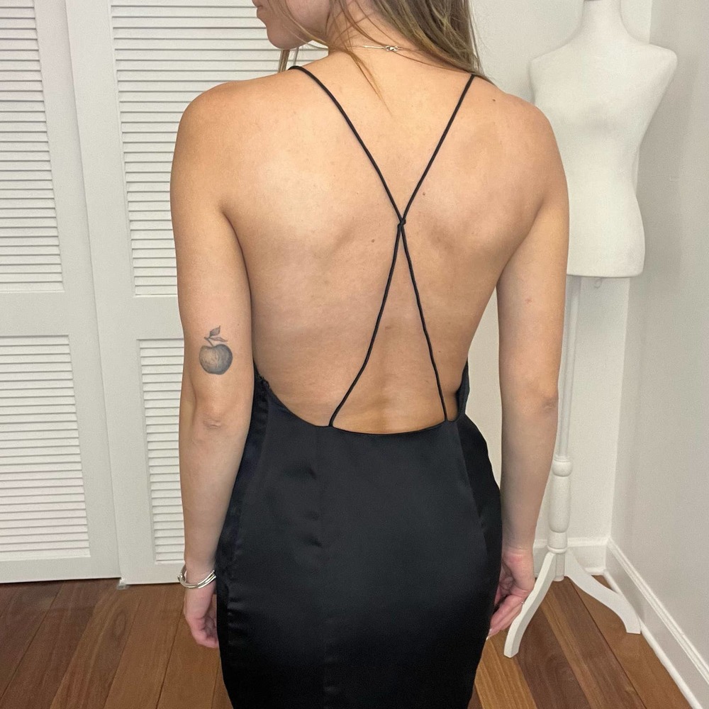 Sexy must have slip open back black little midi dress satin like